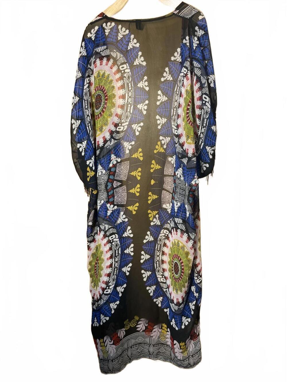 Kimono Robe Midi Women's Size OS Black Blue Fringe Boho Festival - Picture 4 of 7